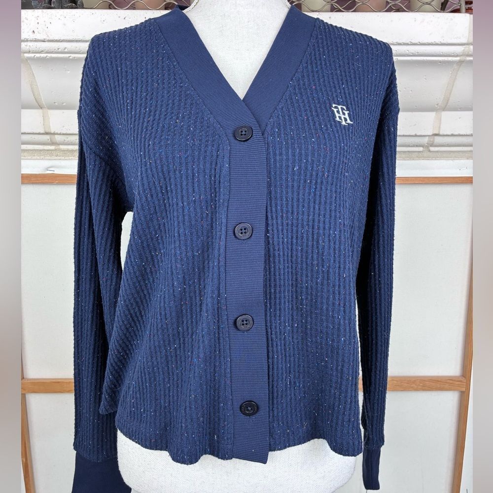 Tommy Hilfiger waffle knit Speckled Navy V-Neck Cardigan w/ monogram